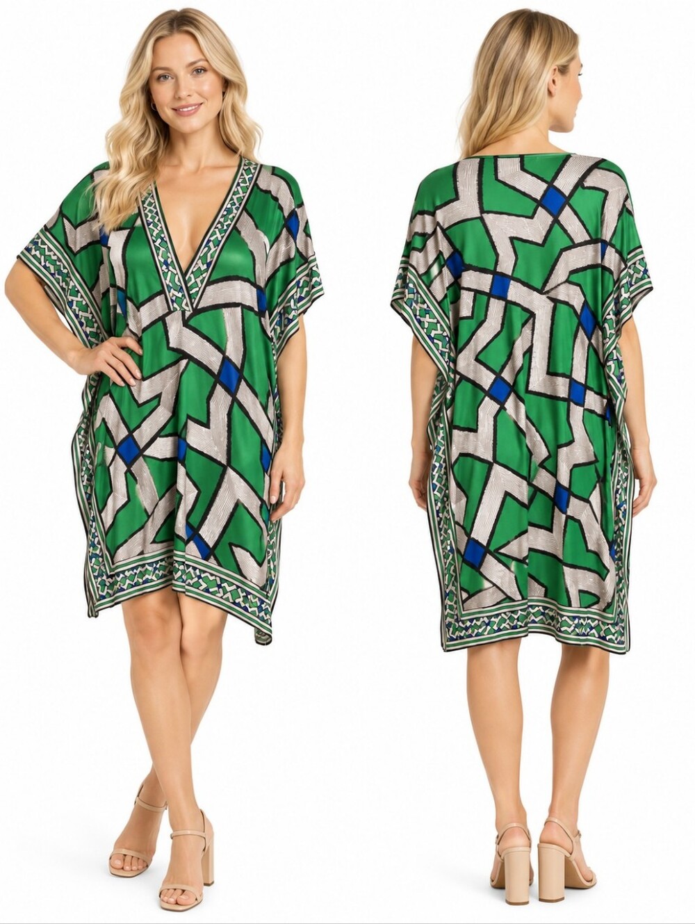 DVF Tuvallu Silk Jersey Kimono Dress Women Green Geometric Abstract Print Size 6